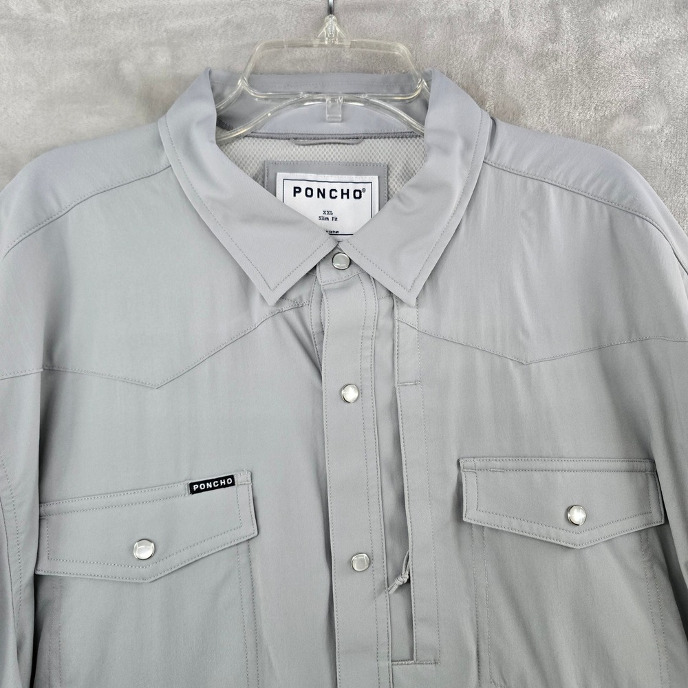 Poncho Shirt Mens XXL Gray Slim Fit Western Pearl Snap Performance Long Sleeve
